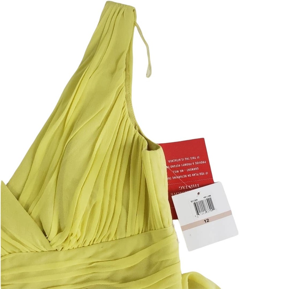 Donna Morgan NEW Silk Chiffon Ruched Empire Dress V Neck & Back Lime Size 12 - Picture 4 of 8
